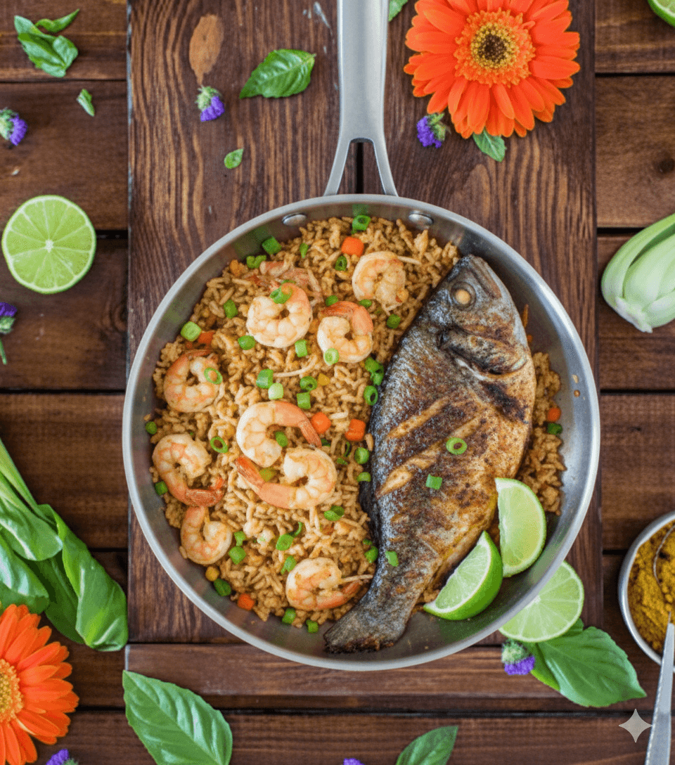 Grilled fish and shrimp dish